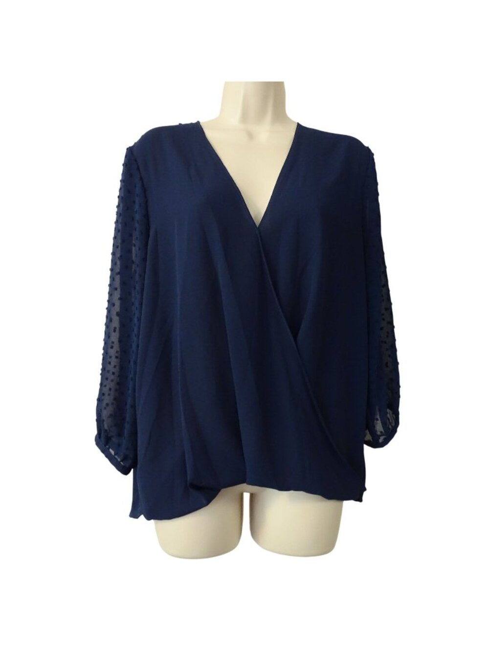 Q&A Navy Blue Sheer Sleeve Textured Swiss Dot V-Neck Blouse Women Size L Office